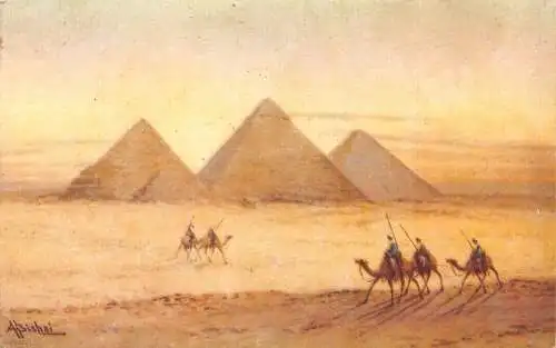 B012 Ägypten Die drei Pyramiden von Gizeh Kamele Beduinen 1964 Postkarte