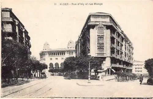 B018 Algerien Algier Rue d'Isly et rue Monge Straßen Vintage Postkarte