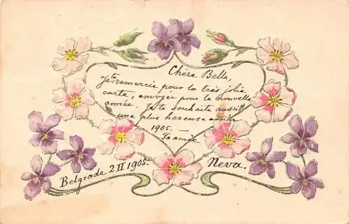 B012 Jugendstil 1905 Stiefmütterchen Wildrosen geprägt Vintage Postkarte