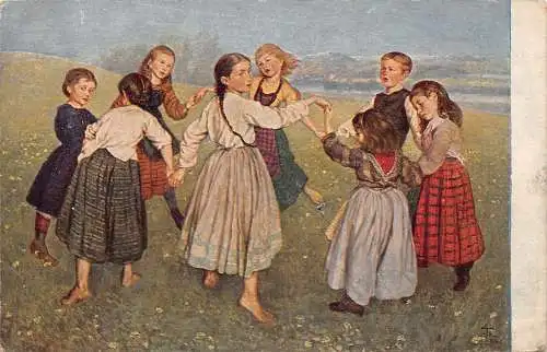 B011 Deutschland Bauernkinder tanzen und spielen ethnisch Vintage Postkarte