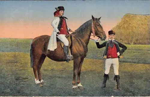 B011 Deutschland Hessische Volkstrachten Hochseitsreiter aus Schwalm Volks Postkarte