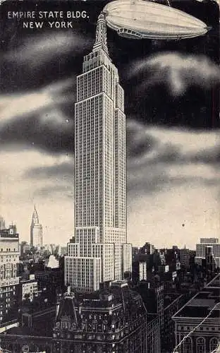 B016 US New York City Empire State Building Zeppelin Luftschiff Vintage Postkarte