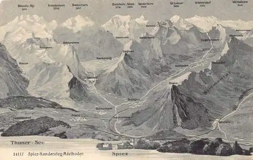 Schweiz Spiez-Kandersteg-Adelbaden Berggipfelkarte Vintage Postkarte