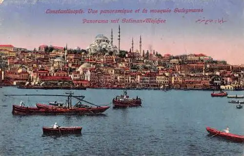B012 Türkei Konstantinopel Istanbul Panorama mit Soliman Moschee Boote Postkarte