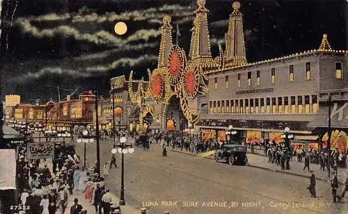 B015 US New York Coney Island Luna Park Surf Avenue Moonlight Vintage Postkarte