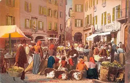 Schweiz Lugano Mercato Markt Geschäfte Vintage Postkarte