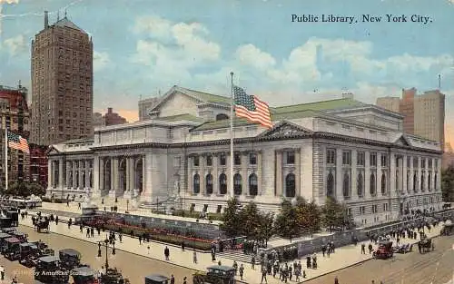 US New York City Public Library Flagge Autos Vintage Postkarte