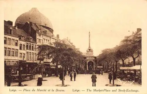 Belgien Lüttich Marktplatz und Börse Vintage Postkarte