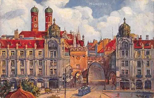 L321 Deutschland München Karlstor Straßenbahn Gemälde signiert M Herterich Vintage Postkarte