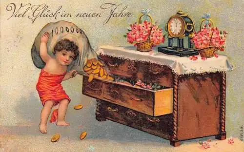 L178 Neujahr 1908 Junge Haufen Goldmünzen Blumen Uhr Glück Fantasie Postkarte