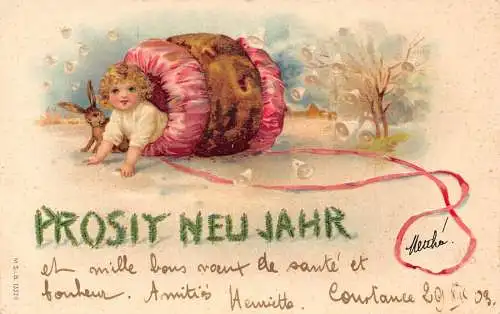 L178 Neujahrsgrüße 1903 Kleinkind Hase Glocken Fantasie Prägepostkarte