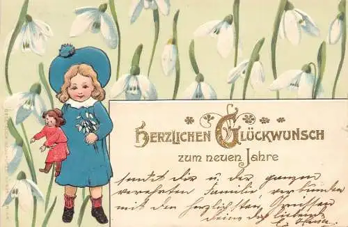 L178 Neujahrsgrüße 1902 Mädchen Puppe Schneeglöckchen Blumen geprägte Postkarte