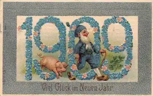 L178 Neujahrsgrüße 1908 Zwergschwein Glück Blumen Fantasy Prägepostkarte