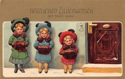 L178 Neujahrsgrüße 1912 Kinder Mädchen Mode geprägt Vintage Postkarte