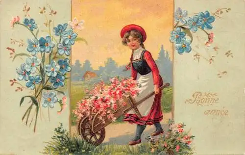 L178 Neujahrsgrüße 1905 Mädchen Blumenwagen Vergissmeinnicht geprägte Postkarte