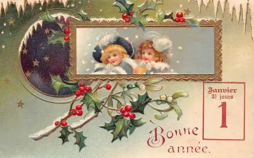 L178 Neujahrsgrüße 1907 Mädchen Heiliger Baum Prägepostkarte