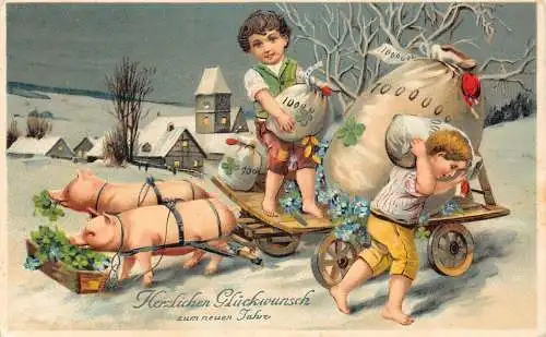 L178 Neujahr 1916 Kinder Geldsack Schweine Ziehenwagen Kleeblatt Glück Postkarte