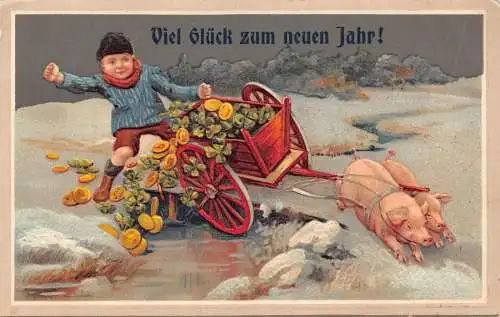 L178 Neujahrsgrüße 1911 Schweine ziehen Wagen Gold Geld Glück geprägt Postkarte