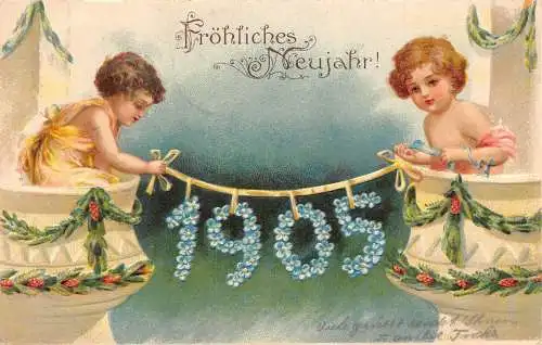 L178 Neujahrsgrüße 1904 Kinder Blumen Fantasie Prägepostkarte