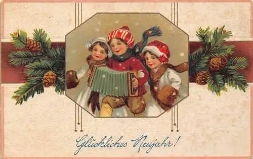 L178 Neujahrsgrüße 1913 Kinder spielen Mundharmonika Prägepostkarte