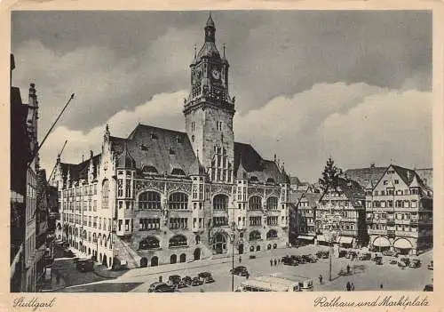 A081 Deutschland Stuttgart Rathaus und Marktplatz Marktplatz Autos Bus Postkarte