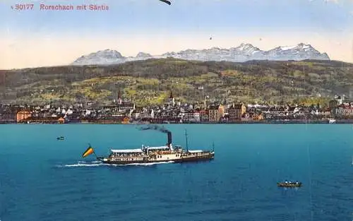 A079 Deutschland Rorschach mit Saentis Dampfschiff Flagge Gesamtansicht Postkarte