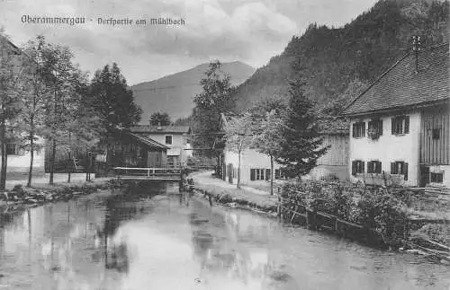 A079 Deutschland 1909 Oberammergau Dorfpartie am Mühlbach Vintage Postkarte