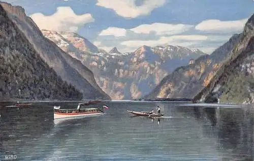 A079 Deutschland Berchtesgaden Gemälde signiert Wiro Königsee Dampfschiff Postkarte