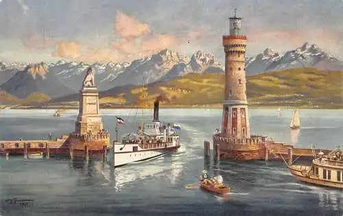 A079 Deutschland Lindau Im Bodensee Löwen Statue Dampfer Leuchtturm bemalen Postkarte