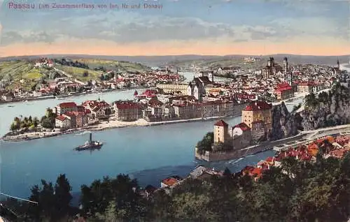 A078 Deutschland 1919 Passau am Zusammenfluss von Inn Dampfschiff Vintage Postkarte
