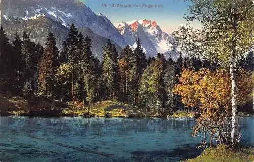 A078 Deutschland Der Badersee mit Zugspitze Wald See Berg Vintage Postkarte