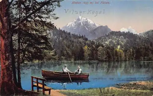 A076 Deutschland 1920 Alatsee bei Füssen Bank Männer im Boot Vintage Postkarte