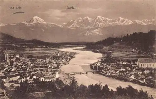 A076 Deutschland 1915 Bad Tölz Isartal Gesamtansicht Brücke Fluss Vintage Postkarte