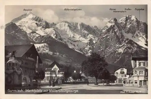 A076 Deutschland 1930 Garmisch Marktplatz Wettersteingebirge Geschäfte Vintage Postkarte
