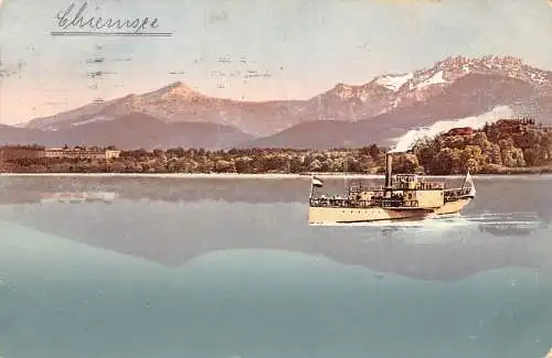 A076 Deutschland 1908 Chiemsee Herreninsel mit Kampenwald Dampfschiff Postkarte
