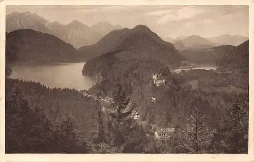 A076 Deutschland Hohenschwangau Blick von Jugend See Wald Vintage Postkarte
