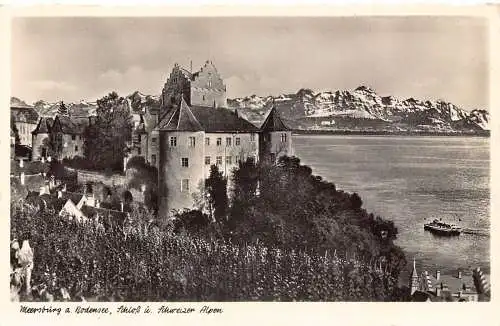 L319 Deutschland Meersburg a Bodensee Schloss u Schweizer Alpen Dampfer Postkarte