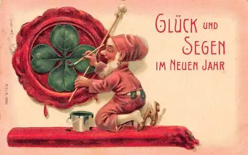 L178 Neujahrsgrüße 1907 Zwergenmalerei Kleeblatt Glück Prägepostkarte