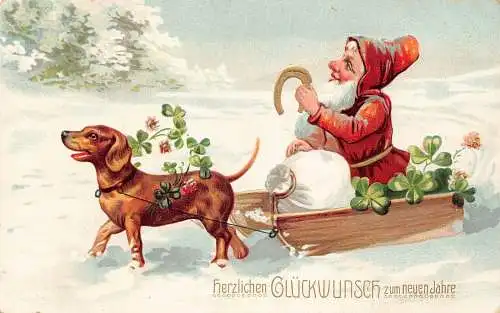 L178 Neujahrsgrüße 1915 Zwergenschlitten Hufeisen Hund Kleeblatt Postkarte