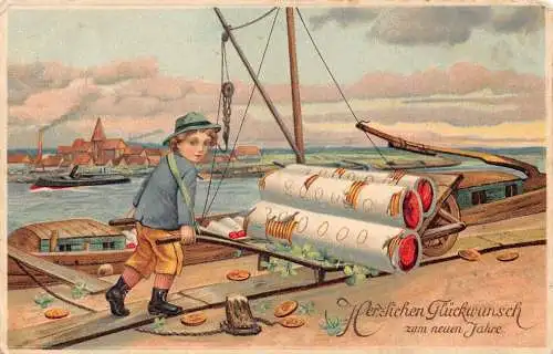 L178 Neujahr 1913 Junge Haufen Goldmünzen Wagen Kleeblatt Glück Fantasie Postkarte