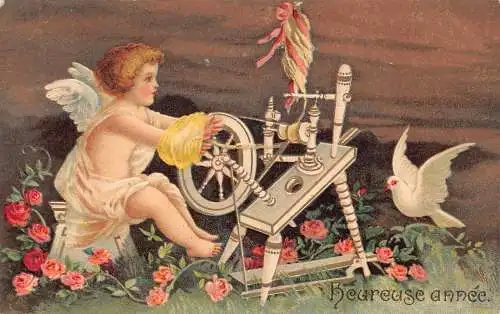 L179 Neujahrsgrüße Cherub Wolle weben weiße Taube Rosen Fantasy Postkarte