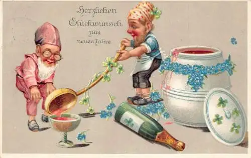 L178 Neujahrsgrüße 1912 Zwerge Sekt Kleeblatt Glück Prägepostkarte