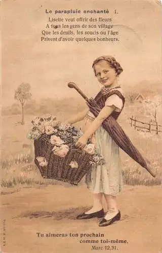 L126 Gruß Mädchen mit Regenschirm Rosenkorb 1910 Feld Postkarte