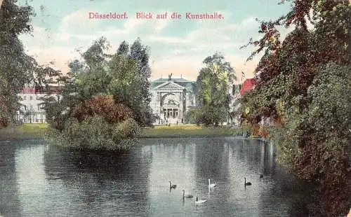 L053 Deutschland 1912 Düsseldorf Kunstgalerie Schwänesee Vintage Postkarte