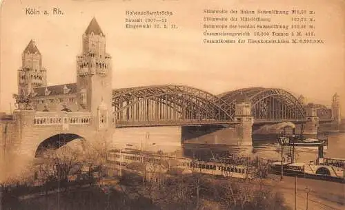 L053 Deutschland 1911 Köln am Rhein Hohenzollern Brücke Straßenbahn Boot Vintage Postkarte