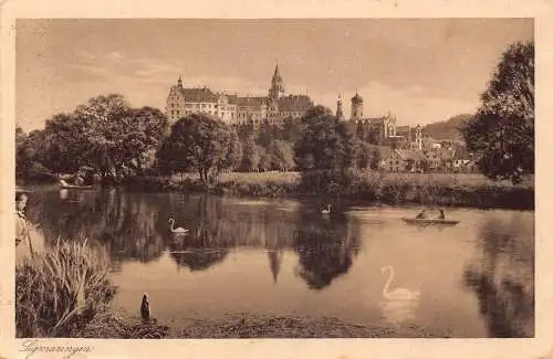 L053 Deutschland 1925 Schloss Sigmaringen See Schwäne Boot Vintage Postkarte