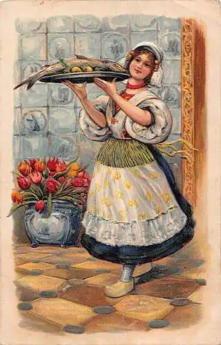 L013 Niederlande 1913 Mädchen Fisch Tulpen Blumen Kostüm geprägt Vintage Postkarte