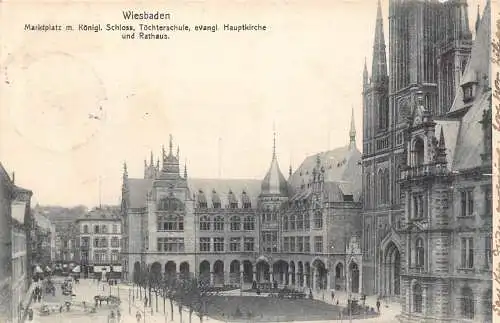 L009 Deutschland 1905 Wiesbaden Marktplatz Rathaus Schlosskirche, alte Postkarte