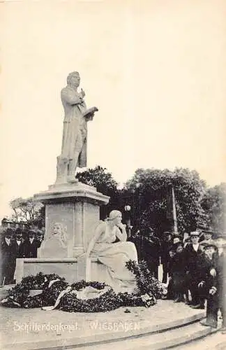 L009 Deutschland Wiesbaden Schillerdenkmal, Statue von Schiller Vintage Postkarte