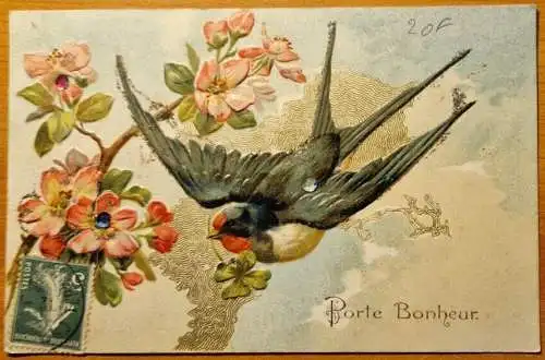 L163 Grüße Schwalbe Vogel Blumen geprägt Glitzer Postkarte